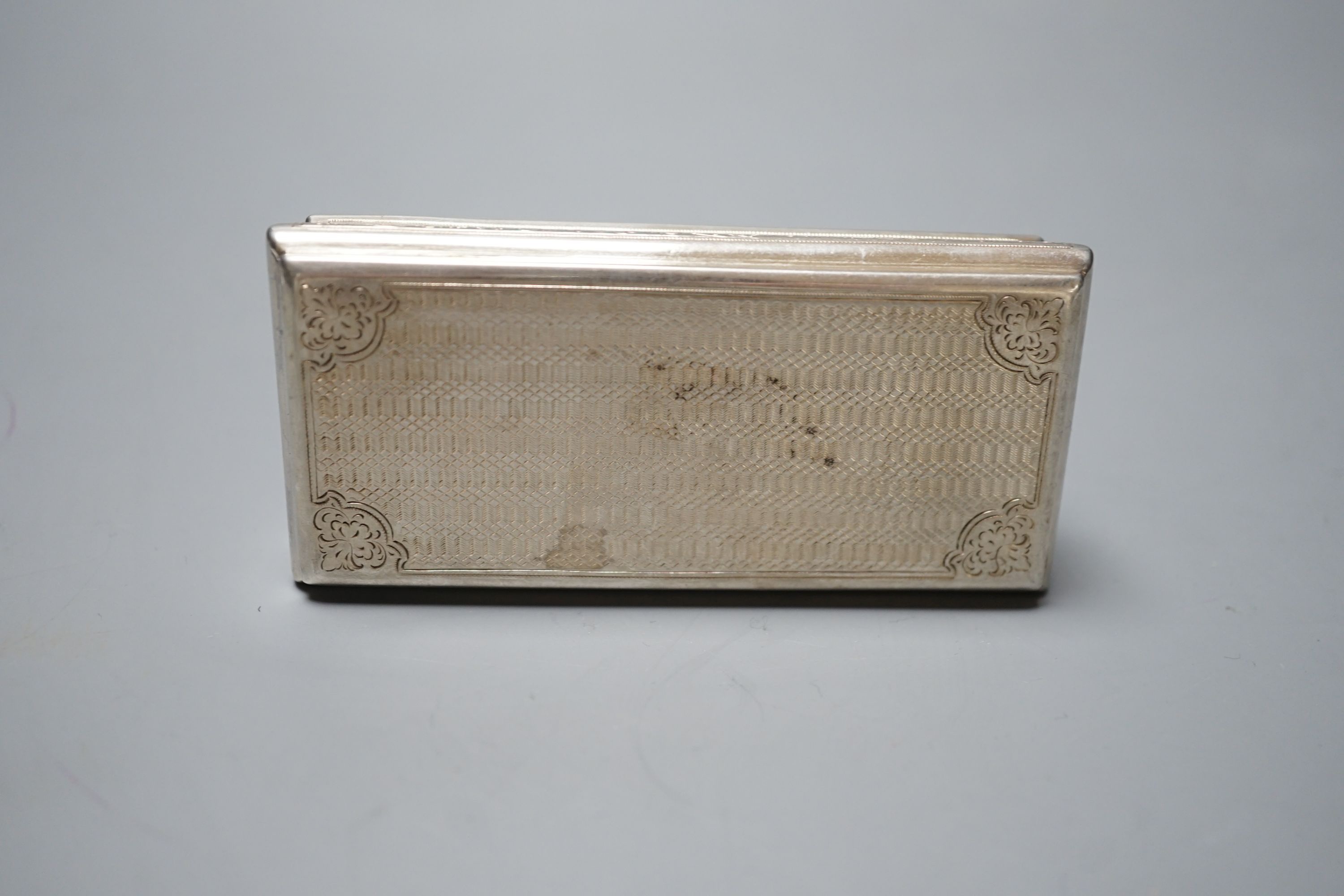 A 19th century Austro-Hungarian white metal and two colour enamel snuff box, with interior engraved inscription, 92mm, gross weight 98.2 grams.